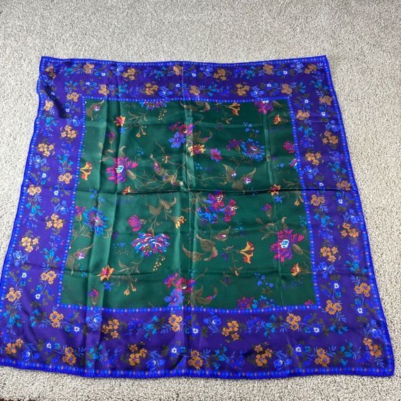 Floral Silk Scarf Purple Green Vintage Square Neck Head Hair Wrap - Picture 1 of 7